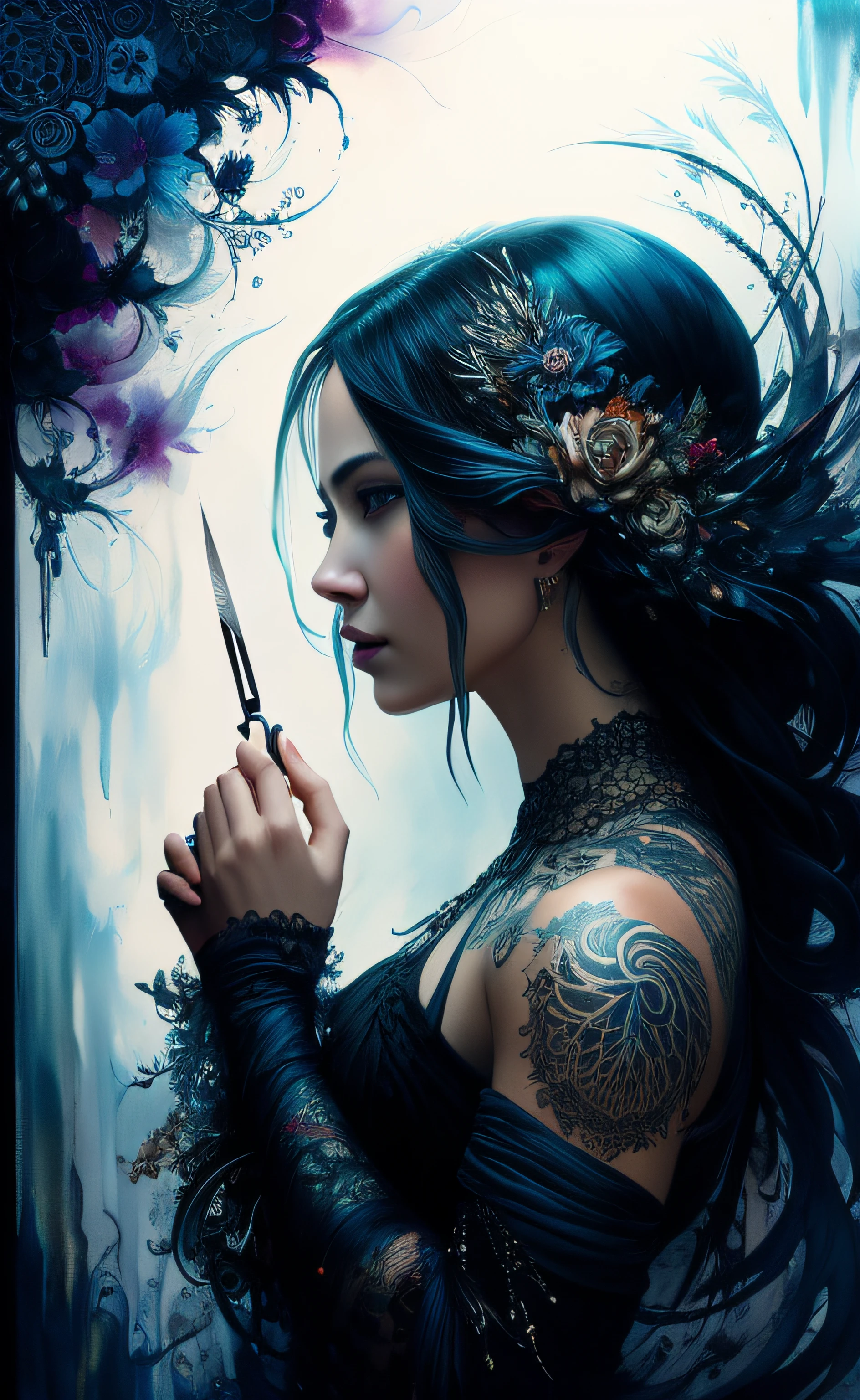 Raped woman with blue hair and a feathered hat holding scissors, retrato bonito da arte da fantasia, bela arte digital, retrato da arte da fantasia, bela arte de fantasia, Neoartcore e Charlie Bowater, Gothic fantasy art, lindo arte digital, retrato bonito da fantasia, epic fantasy art portrait, pintura de personagem bonita, pintura detalhada 4K, arte de fantasia hiperrealista