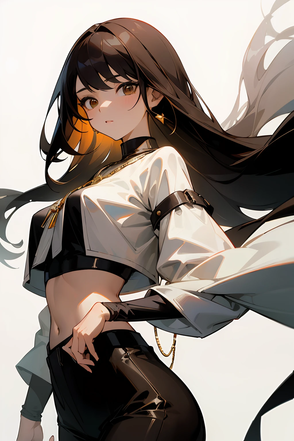 (masterpiece), best quality, expressive eyes, perfect face, young adult woman, Asian, brown eyes, long black hair, black full-sleeved crop top, black skinny and shiny trousers, light chain necklace, white overshirt with a tint of light brown hanging around her shoulders