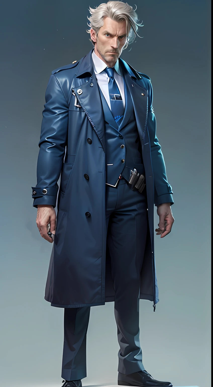 (Character: one English man, 40 years old, police, serious expression, short windswept hair, strong body)
(Clothing: blue police coat, tie)
(Pose: full body shot:1.7, dynamic pose, perfect proportions, detailed face)
(simple background)