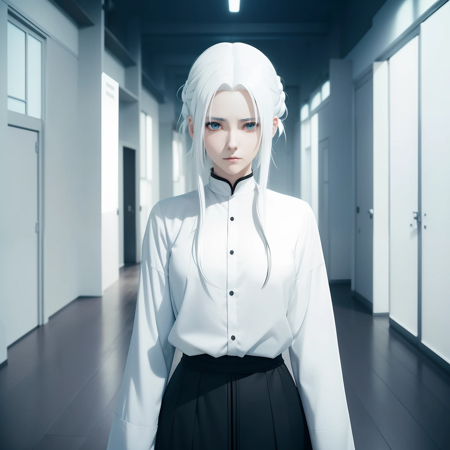 anime character with white hair and black shirt standing in a room, perfect white haired girl, girl with white hair, white haired lady, white haired, as an anime character, one girl has white hair, white-haired, female anime character, in the anime series ergo proxy, white haired deity, haruno sakura, inspired by INO, anime character, in an anime