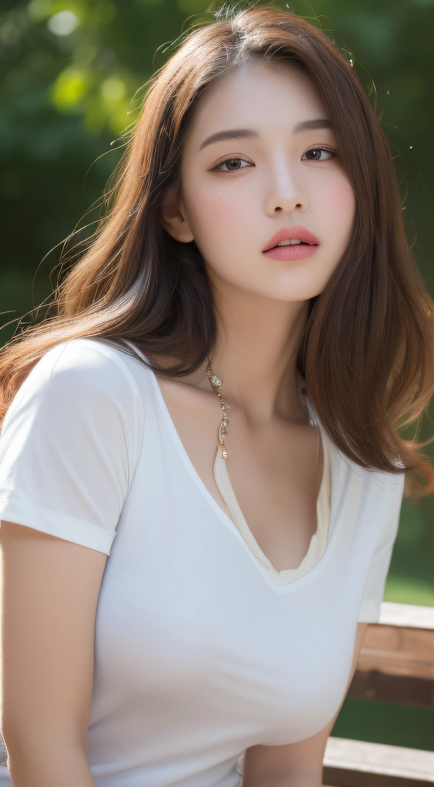 (Best quality, 8k, Masterpiece :1.3), A pretty woman with perfect figure :1.4, Dark brown hair, Big breasts, Wearing pendant, V neck t-shirt with ripped shorts, Sit on bench, In garden, Highly detailed face and skin, Detailed eyes, Double eyelid