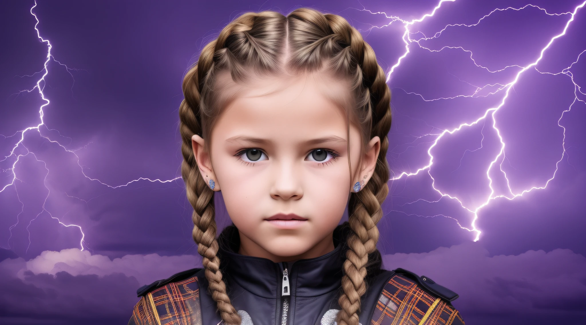 Girl child , Russian ruivas in braids, com roupa de jaqueta de couro blue, fundo storm, ride into the storm, thunderbolt.
