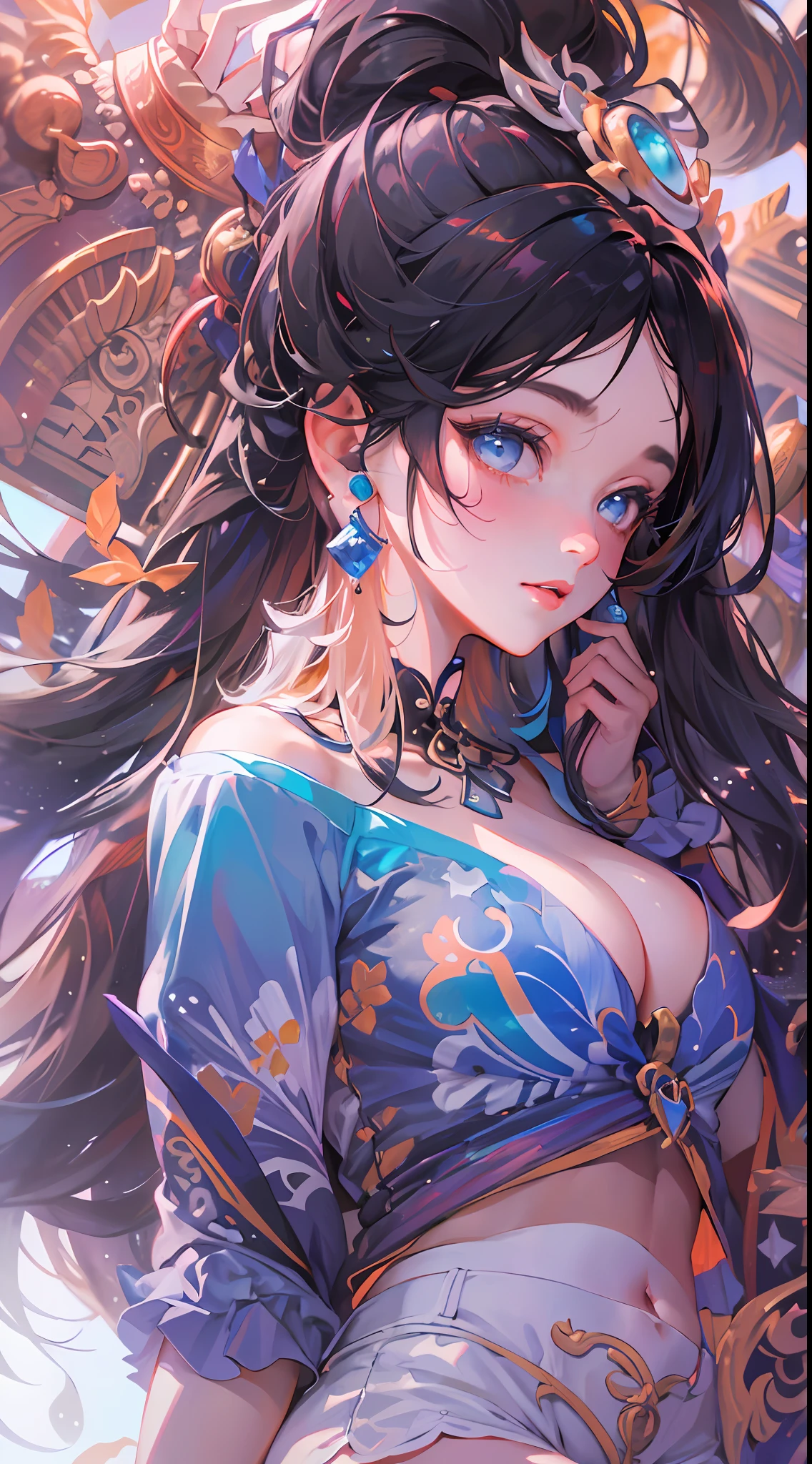 masterpiece, best quality, 1girl, aqua eyes, black hair, closed mouth, multicolored background, looking at viewer, outdoors, solo, upper body, alluring, clean, beautiful face, pure face, pale skin, sexy pose,((tube top, off shoulder, navel, shorts)), long hair, ((perfect female figure)), mature female, milf, narrow waist, chinese deity, seductive, highly detailed,best quality, masterpiece, highres, original, extremely detailed 8K wallpaper,masterpiece, best quality, illustration, beautifully detailed eyes, cinematic lighting,