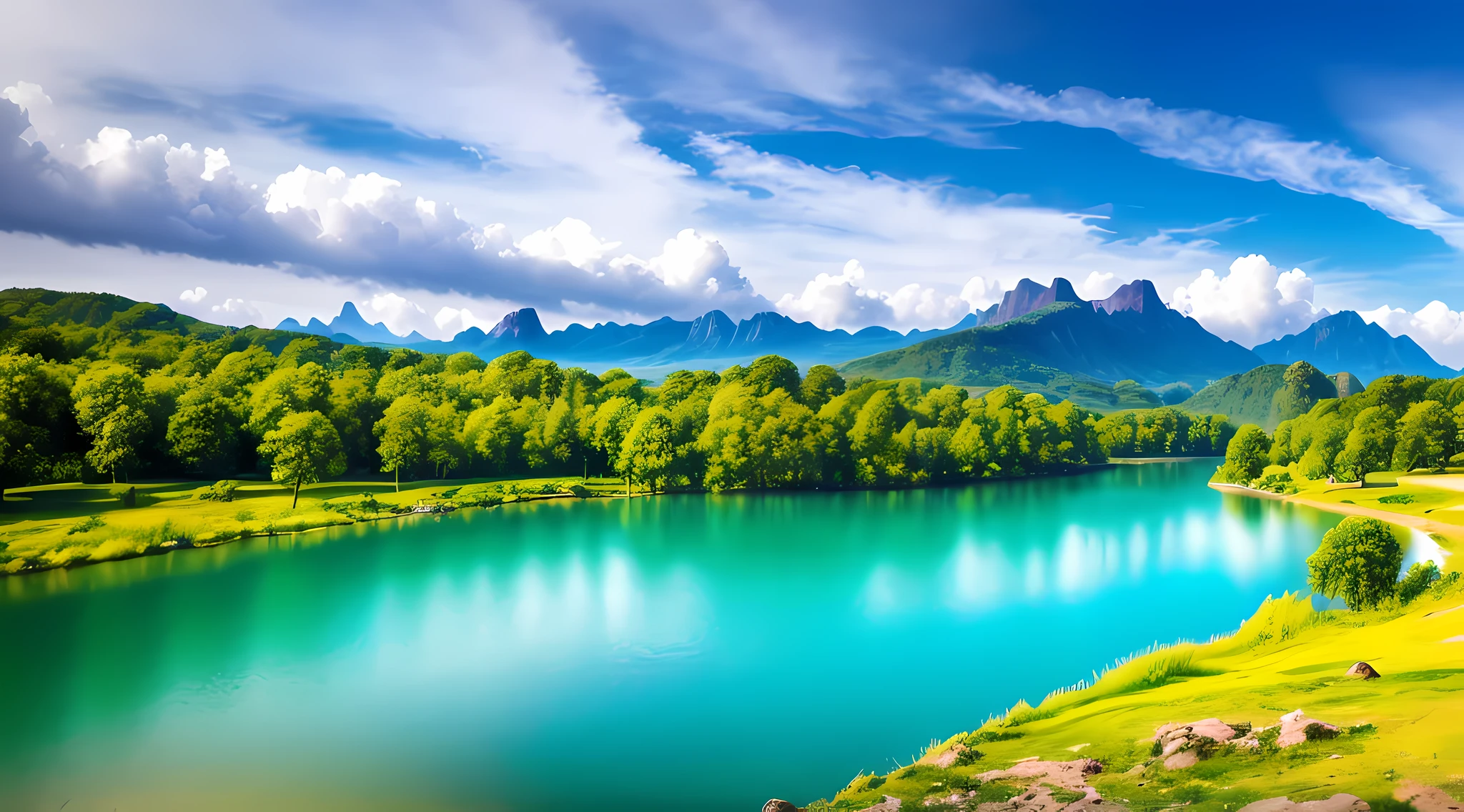 scenery, outdoor, sky, cloud, day, no humans, mountain, panorama, water, tree, blue sky, waterfall, cliff, nature, lake, river, cloudy sky