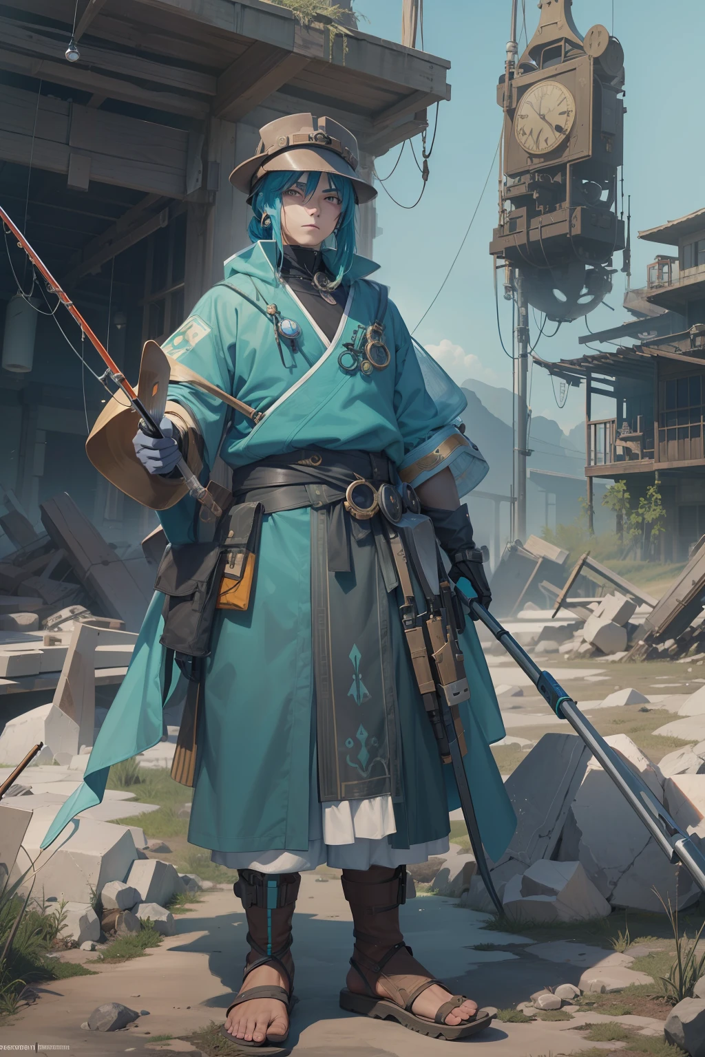 Imagine a post-apocalyptic Earth in 2500 years, It exudes a steampunk atmosphere. The protagonist, Taro Urashima, Standing Strong in the Ruins. He is of average height, Calm face in chaos. His outfit is a fusion of old and new - protective clothing with blue kimono overlay, Functions as a life support system. He wields a huge high-tech fishing rod, Tools for ocean exploration. Turtle-shaped pendant, Devices for time control, Hanging from his neck. The color scheme is a blend of sea blue and turtle green. Images should be rendered in an ultra-realistic style, 16K resolution in high definition. Lighting should be low and atmospheric, Cast long shadows、Creates a sense of devastation. The composition should be a full-body shot, Shot with a wide-angle lens to envelop the desolate surroundings. --ar 16:9 - V5.1 --Style raw --Q 2 --S 750