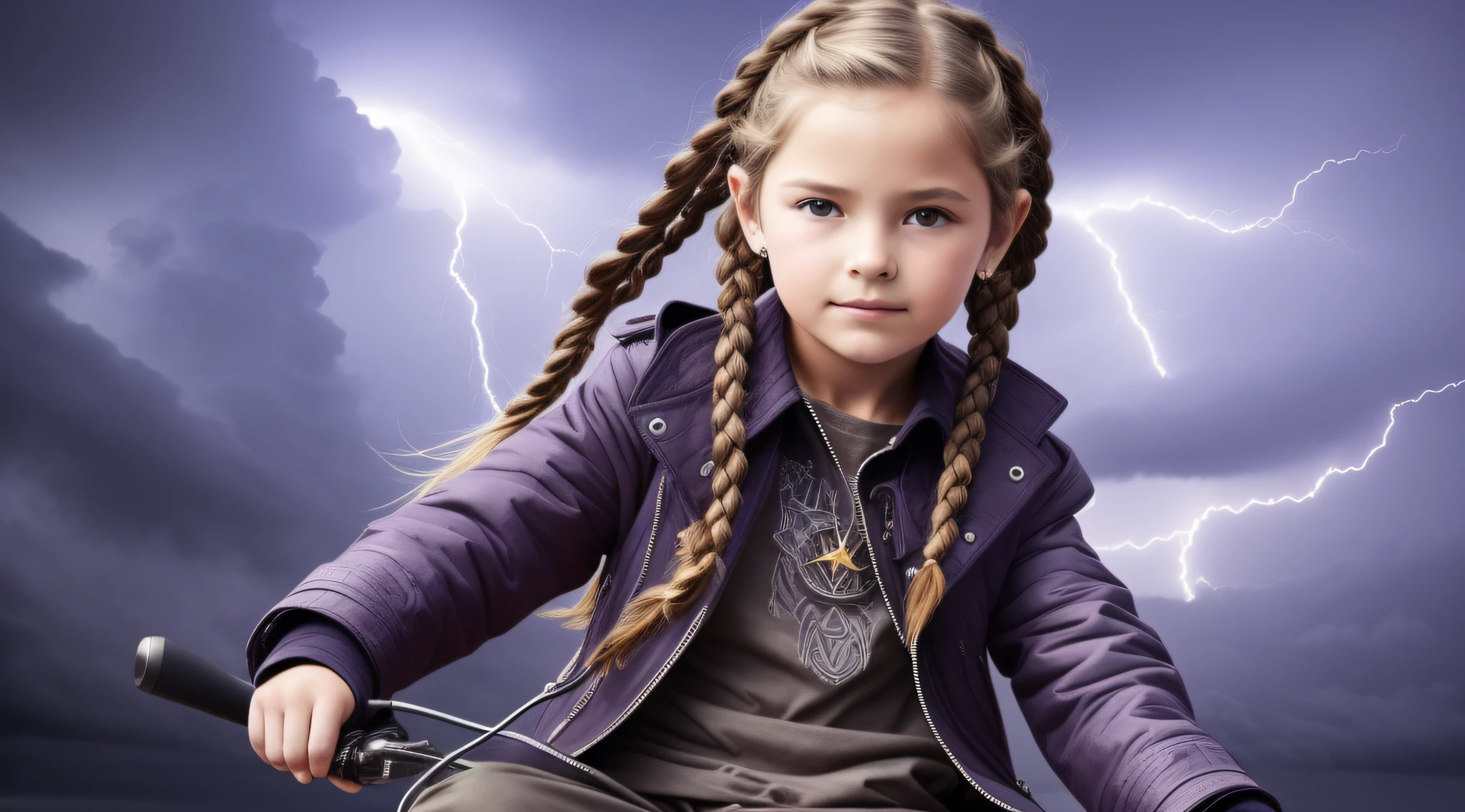 Girl 10 yesian ruivas in braids, com roupa de jaqueta de couro blue, fundo storm, ride into the storm, thunderbolt.
