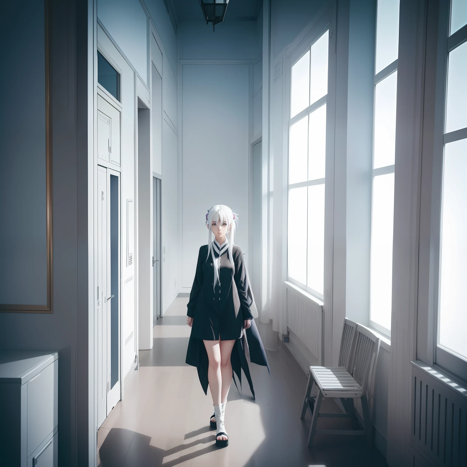 anime character with white hair and black shirt standing in a room, perfect white haired girl, girl with white hair, white haired lady, white haired, as an anime character, one girl has white hair, white-haired, female anime character, in the anime series ergo proxy, white haired deity, haruno sakura, inspired by INO, anime character, in an anime