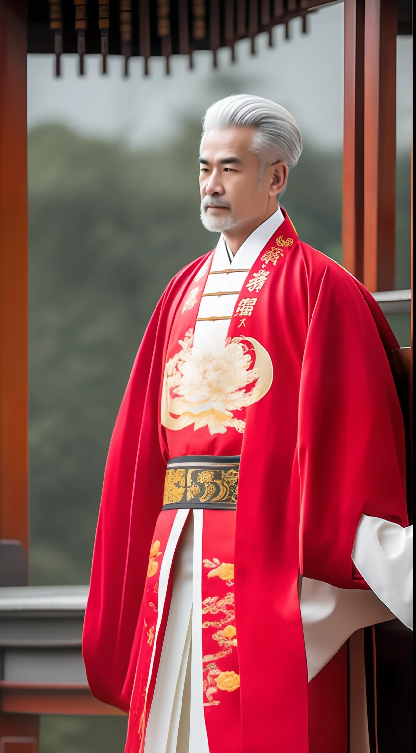 Masterpiece, Highest quality, (solofocus),, (High detail: 1.1),dojo，Red and yellow robes，The male， Man, chinese crown, 1人,and white hair,超高分辨率 , Detailed background, realisticlying, wearing a detailed and intricate xianxia antique outfit