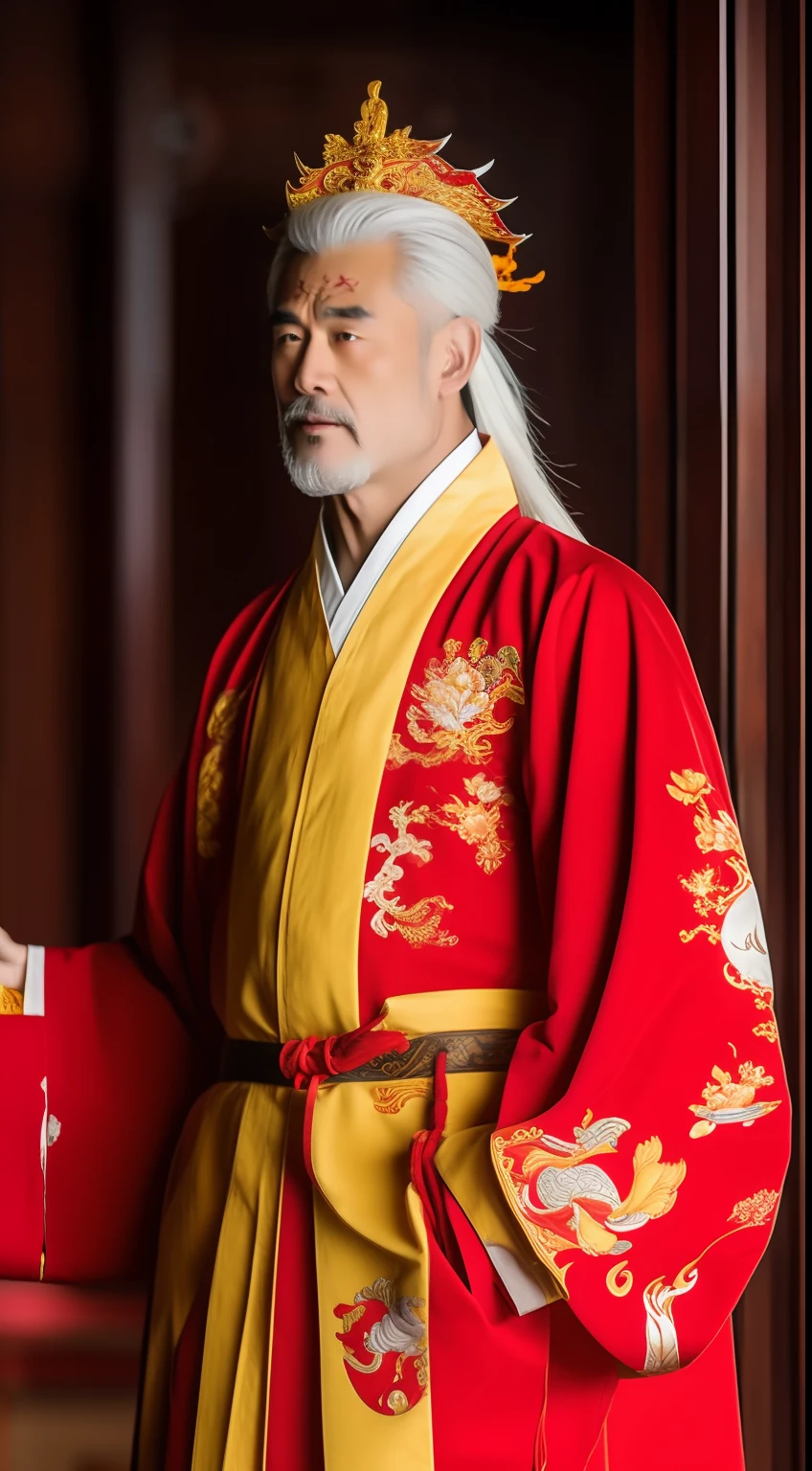 Masterpiece, Highest quality, (solofocus),, (High detail: 1.1),dojo,Red and yellow robes,The male, Man, chinese crown, 1人,and white hair,超高分辨率 , Detailed background, realisticlying, wearing a detailed and intricate xianxia antique outfit