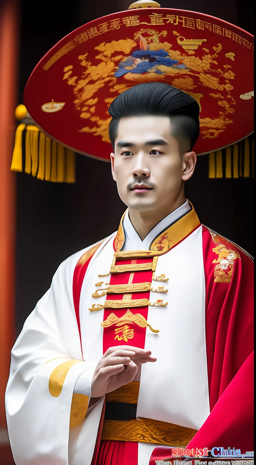 Masterpiece, Highest quality, (solofocus),, (High detail: 1.1),dojo,Red and yellow robes,The male, Man, chinese crown, 1人,and white hair,超高分辨率 , Detailed background, realisticlying, wearing a detailed and intricate xianxia antique outfit