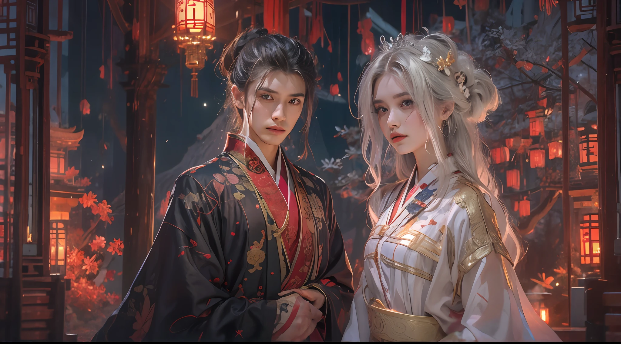 （tmasterpiece：1.2），best qualtiy，realisticlying，Tyndall effect，Underworld marriage，Spooky atmosphere，natta，Red palace lamp， The tree， scenecy， exteriors， "Young, Handsome and beautiful aristocratic couple traveling in the underworld，Detailed eyes，Clear facial features"，Japanese clothes， east asian architecture， buliding， Skysky， nigh sky， stairways，amaryllis