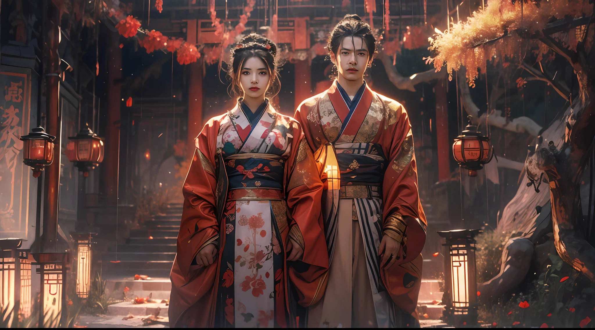 (tmasterpiece:1.2),best qualtiy,realisticlying,Tyndall effect,Underworld marriage,Spooky atmosphere,natta,Red palace lamp, The tree, scenecy, exteriors, "Young, Handsome and beautiful aristocratic couple traveling in the underworld,Detailed eyes,Clear facial features",Japanese clothes, east asian architecture, buliding, Skysky, nigh sky, stairways,amaryllis