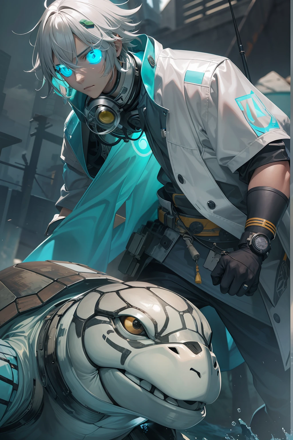 Imagine a post-apocalyptic Earth in 2500 years。The main character, Urashima Taro, is、It has an unwavering presence in the ruins。He has an average physique and、Has a calm face even in the confusion。His attire is a fusion of old and new、Blue kimono layered on protective suit、Acting as a life support device。He holds a huge high-tech fishing rod in his hand for ocean exploration.、A turtle-shaped pendant as a time controller is worn around his neck。The color is a mixture of sea blue and turtle green。Image in cyberpunk style、in style of ultra realistic、It should be drawn with high detail and 16k resolution。Lighting is low、Set the mood、Creates long shadows、Creates a sense of devastation。The composition is a full-body shot、Should be shot with a wide-angle lens to envelop the ruined surroundings。--ar 16:9 --v 5.1 --style raw --q 2 --s 750