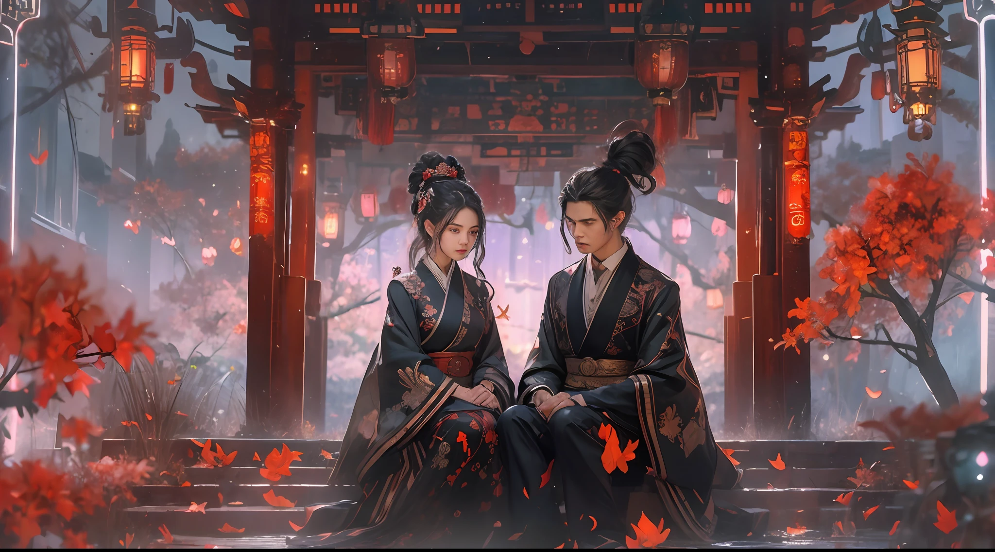 (tmasterpiece:1.2),best qualtiy,realisticlying,Tyndall effect,Underworld marriage,Spooky atmosphere,natta,Red palace lamp, The tree, scenecy, exteriors, "Young, Handsome and beautiful aristocratic couple traveling in the underworld,Detailed eyes,Clear facial features",Japanese clothes, east asian architecture, buliding, Skysky, nigh sky, stairways,amaryllis