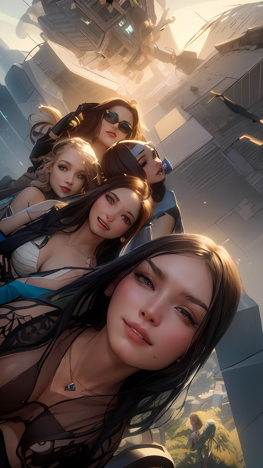 Four beautiful women standing, in the background a futuristic city. High Definition Image, 8k