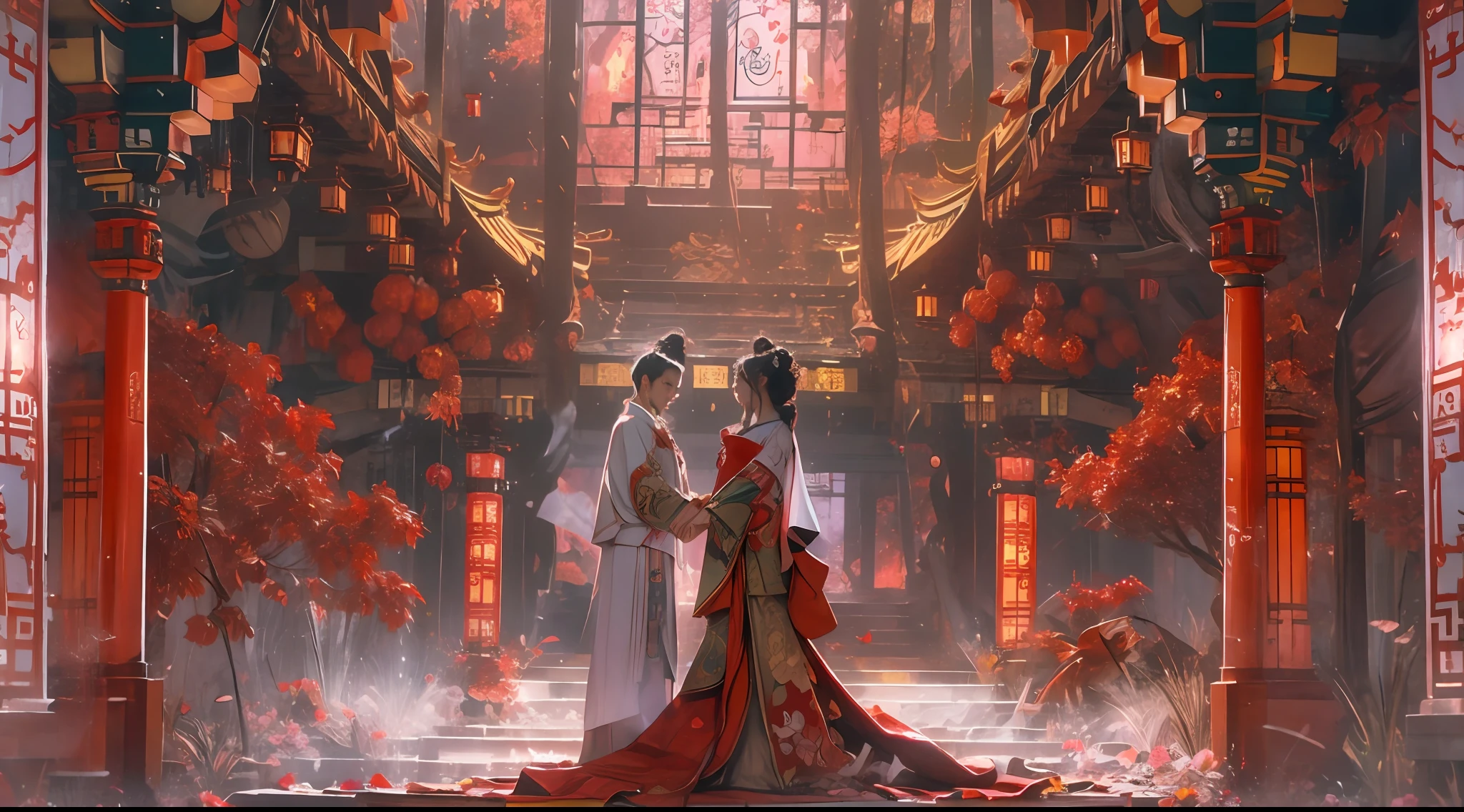 (tmasterpiece:1.2),best qualtiy,realisticlying,Tyndall effect,Underworld marriage,Spooky atmosphere,natta,Red palace lamp, The tree, scenecy, exteriors, "Young, Handsome and beautiful aristocratic couple traveling in the underworld,Detailed eyes,Clear facial features",Japanese clothes, east asian architecture, buliding, Skysky, nigh sky, stairways,amaryllis