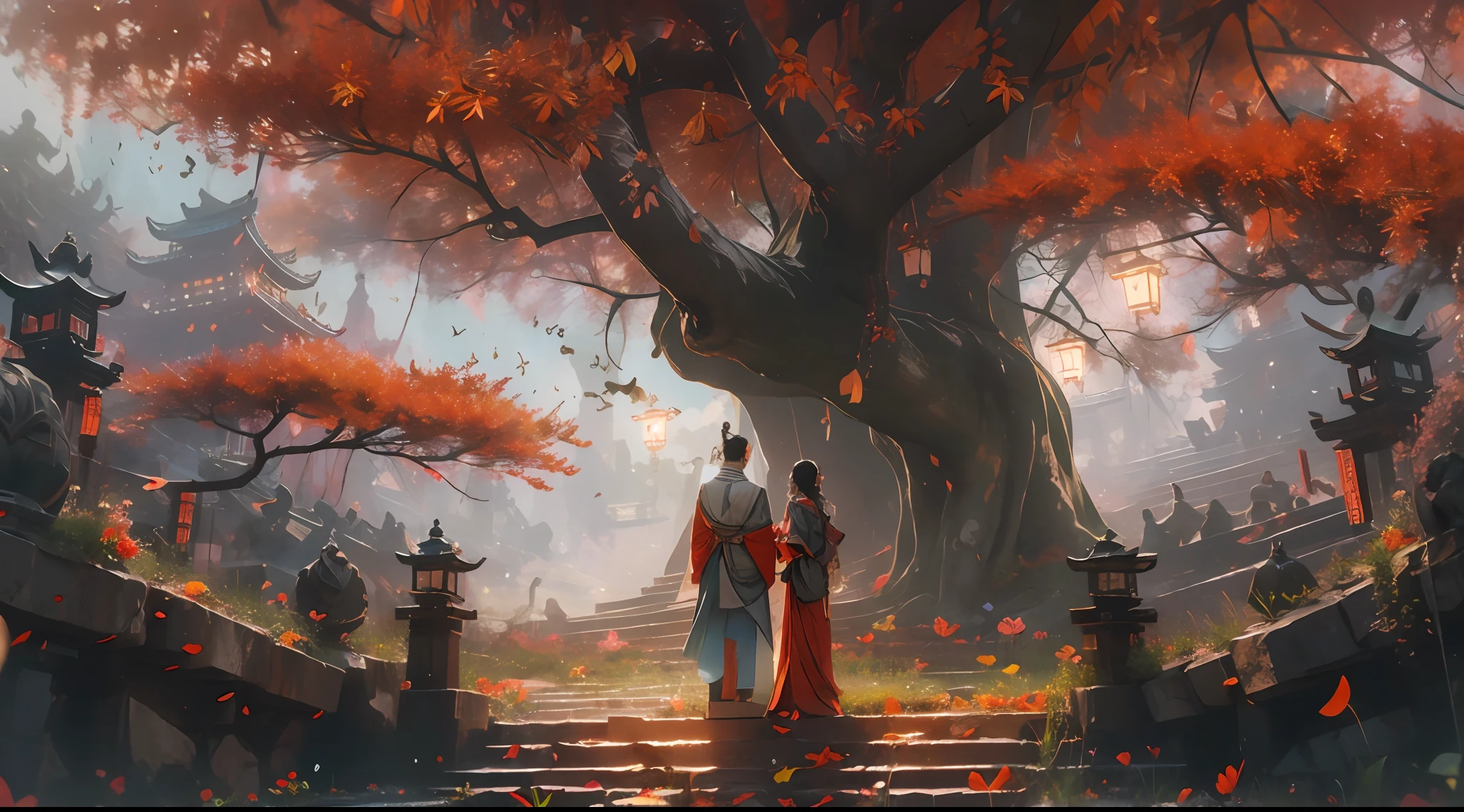 （tmasterpiece：1.2），best qualtiy，realisticlying，Tyndall effect，Underworld marriage，Spooky atmosphere，natta，Red palace lamp， The tree， scenecy， exteriors， "Young, Handsome and beautiful aristocratic couple traveling in the underworld，Detailed eyes，Clear facial features"，Japanese clothes， east asian architecture， buliding， Skysky， nigh sky， stairways，amaryllis
