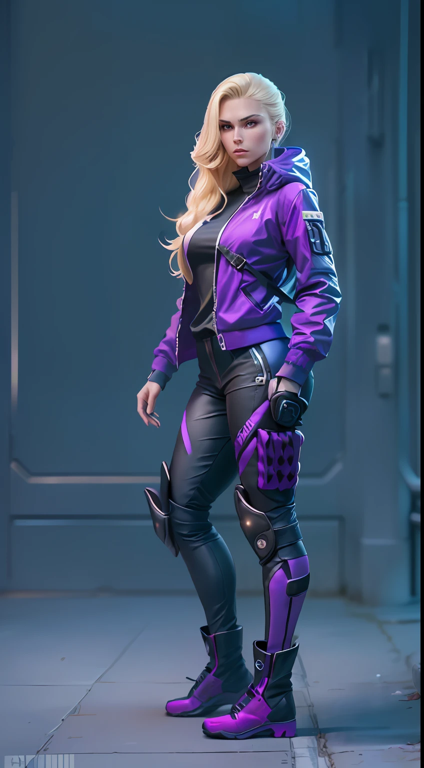(Character: one escapist woman, russian traits, long wave hair, blonde hair, lean body, tall)
(Clothing: purple jacket, futuristic jumpsuit, backpack, leg holster, knee pad, boots)
(Pose: full body shot:1.7, dynamic pose, perfect face, detailed face)
(simple background)