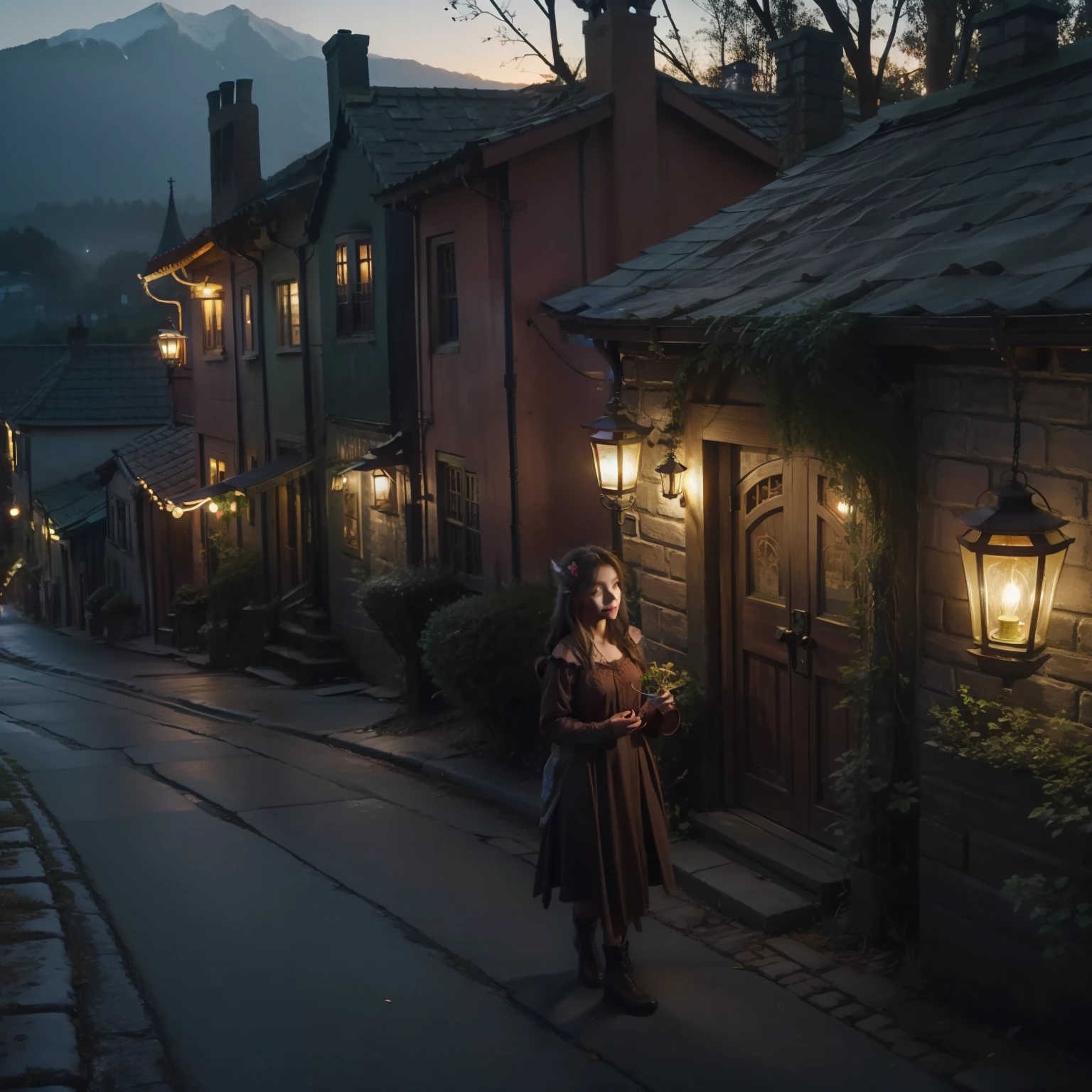 faeries,Very cute girl,Old townscape,Nightfall,Lantern light,Wilderness silhouette,fairytale,