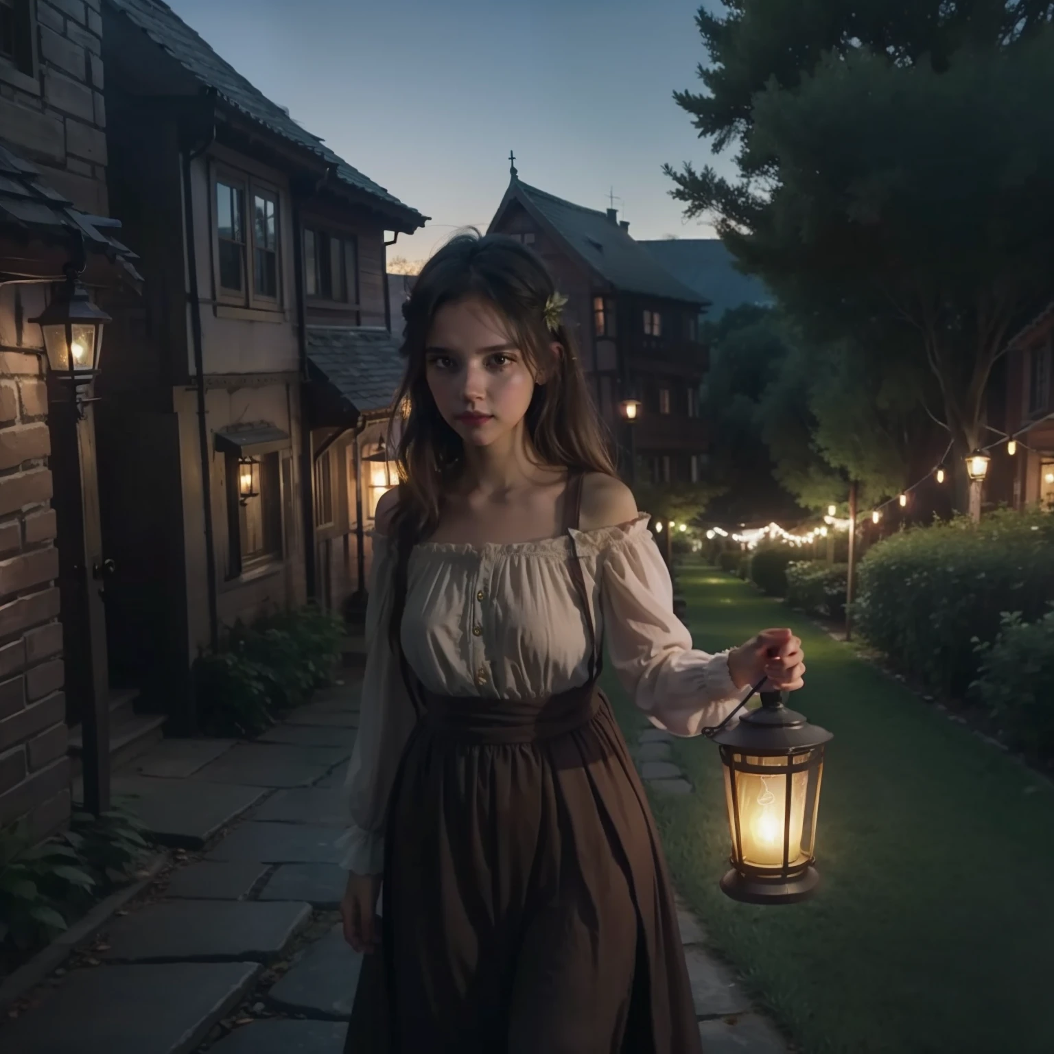 faeries,Very cute girl,Old townscape,Nightfall,Lantern light,Wilderness silhouette,fairytale,