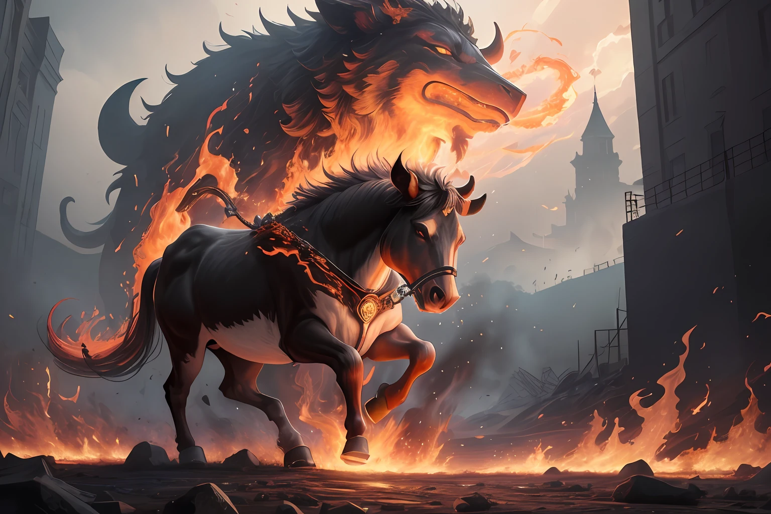 ((best quality)), ((masterpiece)), The flame of creation，The origin of all things，A burning cow tramples on evil，Better than everything，powerful，Better than everything，merciless，Burn brightly，Blazingly burning，May your raging flames weave a trap，Bind my enemies in ferocious hellfire，Prison of Flames，qualidade de obra-prima，insanely details，absurderes，Ultra photo realsisim，hyper HD，hyper HD，超高分辨率，（realisticlying：1.4），offcial art，（8k，RAW photos：1.2），（（（（scenecy）））），（（（（battlefiled））））