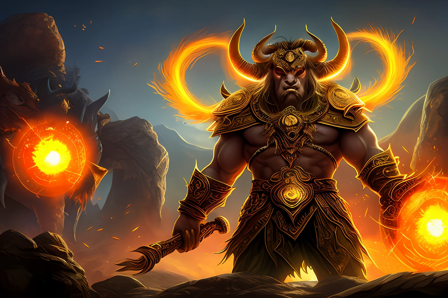 Aalfir with a circular ring of fire, minotaur from path of exile, golden taurus, hyper bullish, Chinese mythology bull demon king, bison god, taur, Minotaur, Taurus, by Yang J, that resembles a bull\'s, author:Alexander Kosis, author:Luis Miranda, author:Joseph Binder
