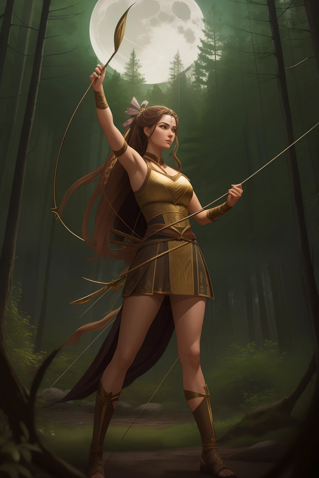 Artemis, A fierce huntress with bow in hand, surrounded by a moonlit forest
