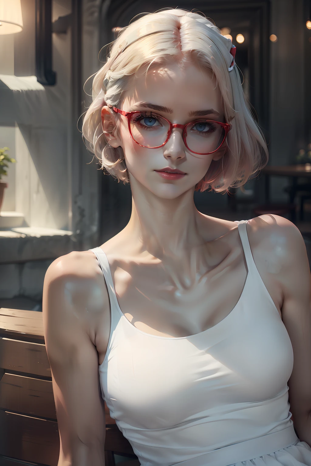 femele，Neck with reading light，Reading，short detailed hair，white skinned，White clothes，red tinted hair，wears glasses，lady