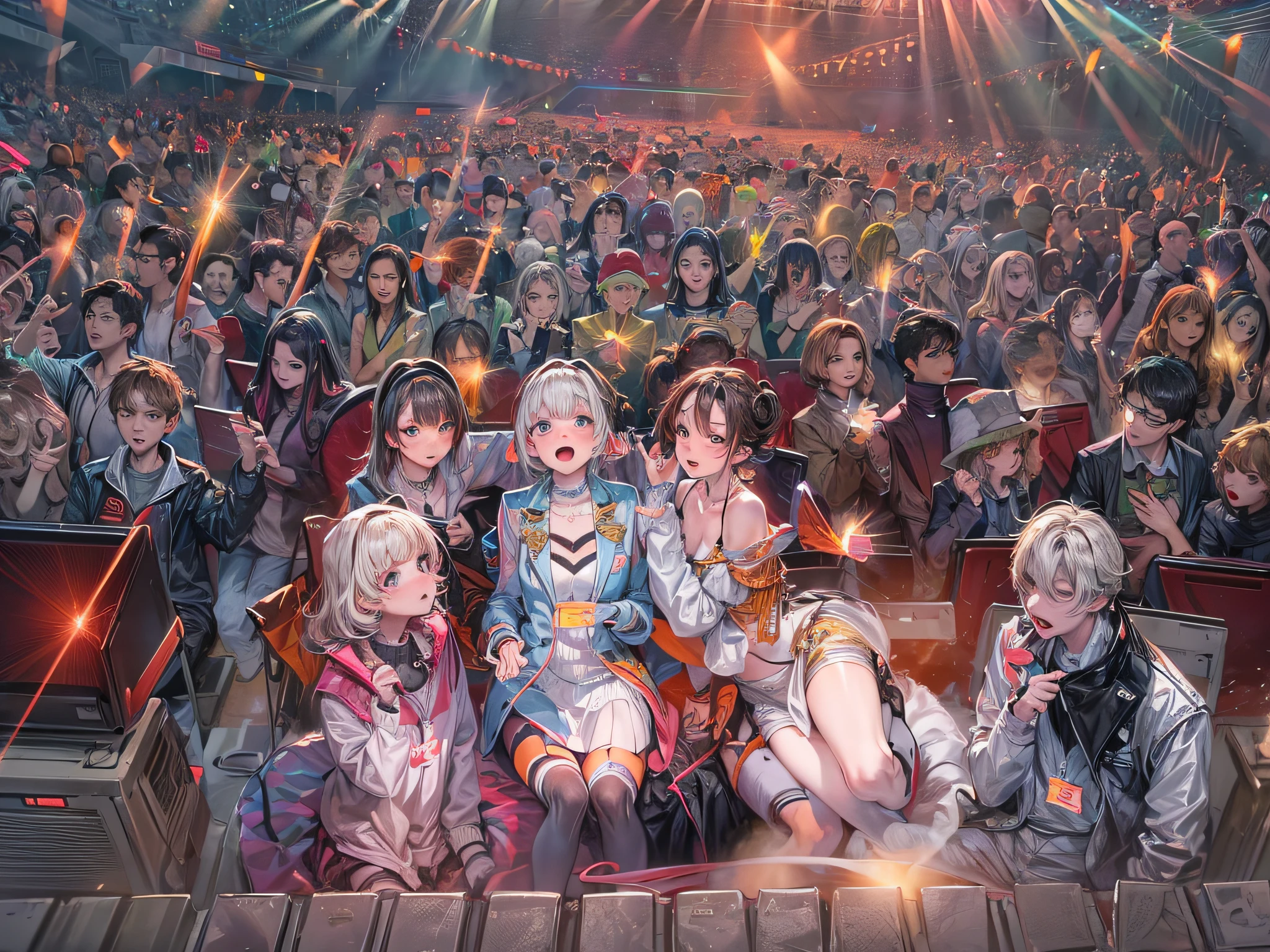 masterpiece，HighestQuali，2 men and 2 women，Sit in front of the crowd，Surprised expression，Concert scene，light stick，Aid lights，Sit in front of the crowd