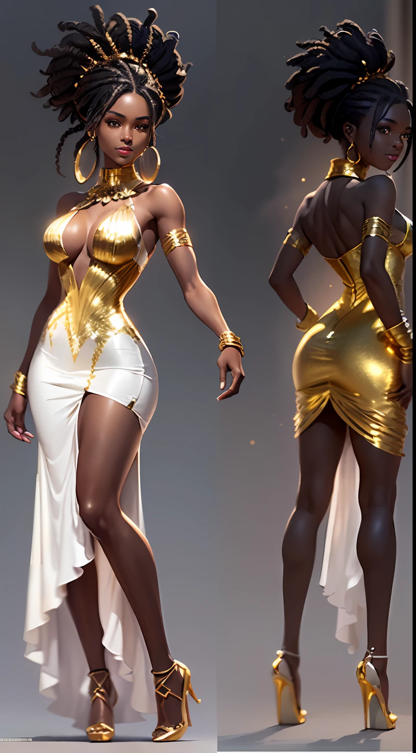 (Character: one Brazilian woman, 20 years old,, dark skin, black skin, smile, black hair, mega hair, dreadlocks:1.3, tall)
(Clothing: white elegant short dress, golden jewels, golden collars, golden high heels)
(Pose: full body shot:1.7, dynamic pose, perfect proportions, detailed face)
(simple background)
