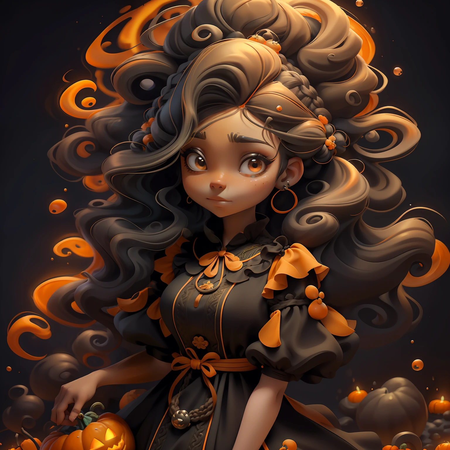 menina velho, (velho), bruxa, Fofa, bubbling cauldron, Slime hair Penteado duplo buns estilo de cabelo, Orange Pumpkin, Vestido branco da princesa com cinto da arma, master part, best quality