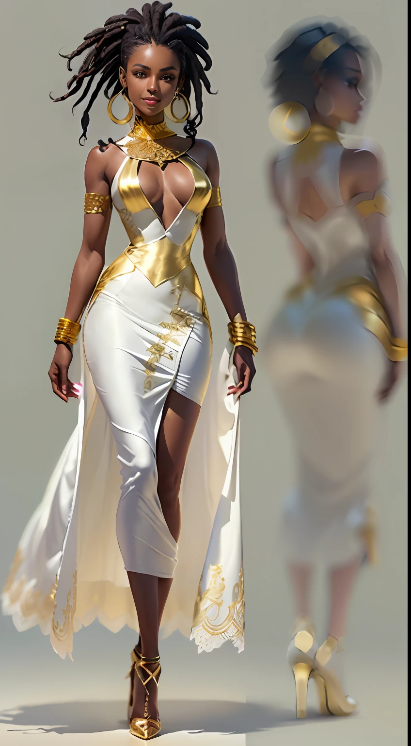 (Character: one Brazilian woman, 20 years old,, dark skin, black skin, smile, black hair, mega hair, dreadlocks:1.3, tall)
(Clothing: white elegant short dress, golden jewels, golden collars, golden high heels)
(Pose: full body shot:1.7, dynamic pose, perfect proportions, detailed face)
(simple background)