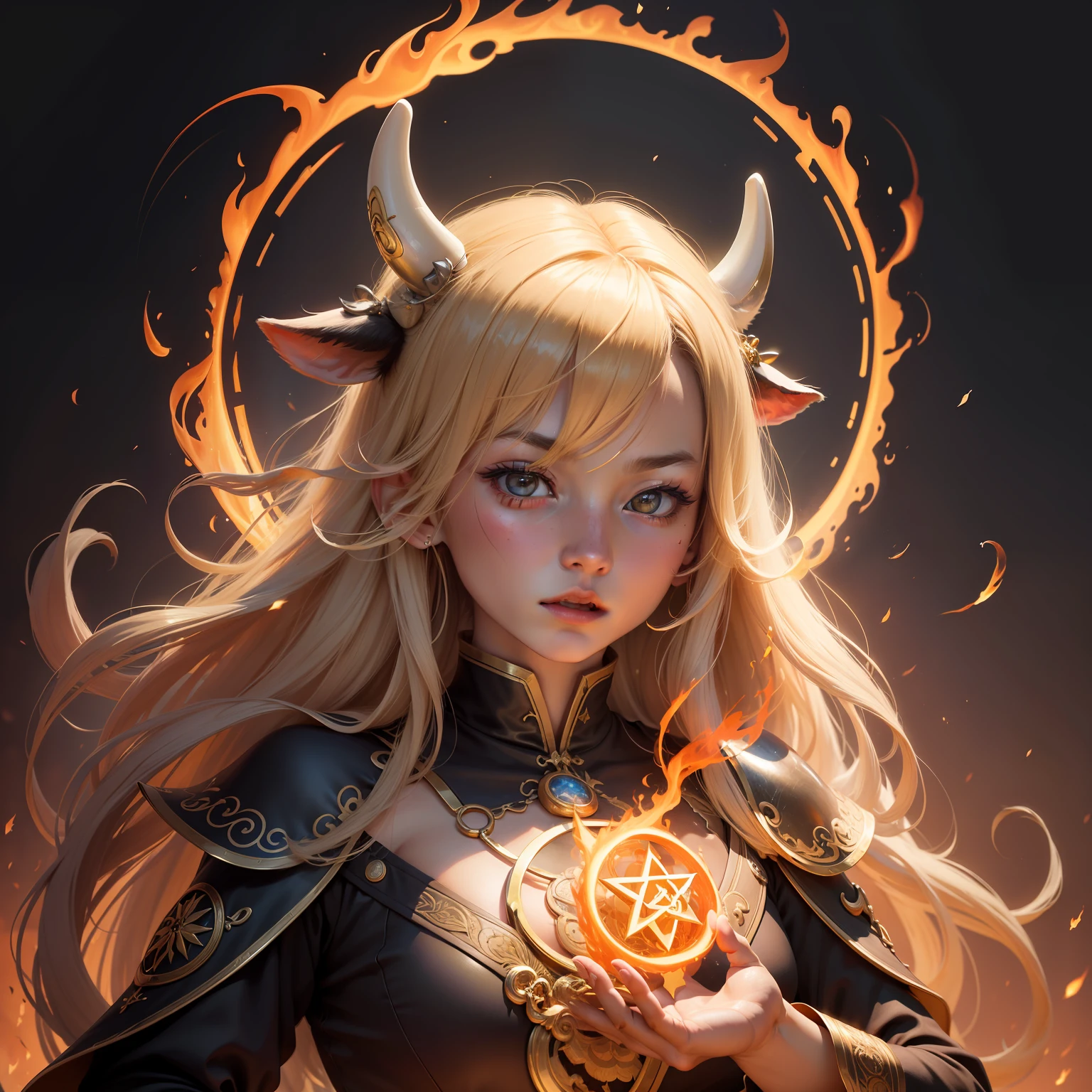 A cow，There is flame on the body，The background is golden，Jumps，Super delicate CG Unity 32k wallpaper、tmasterpiece, ((ultra - detailed)), ((head portrait)),Extremely colorful,head portrait,strength,Unknown terror,mind bending,Around the magic,Magical environment,wands,Boken,Flight page,Know it all,Predicting the future、Learn about the past、Infinite wisdom、Flame of Golden Light、Warlock、Taijitu、pentacle、、mantra、Singing magic