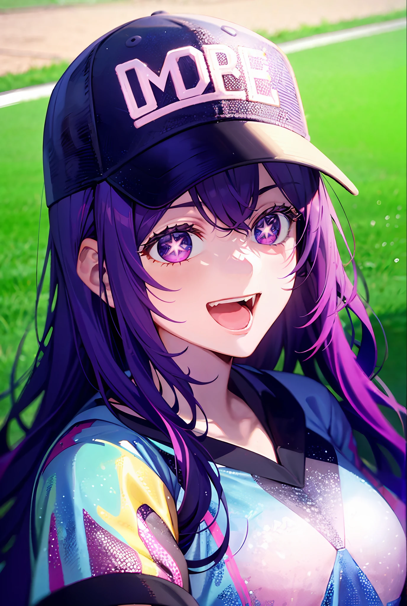 1girll,((There is a five-pointed star in the eye))Gorgeous Hair in Long Purple,play soccer,Football sportswear,sports cap,large lawn,Smile,Open mouth