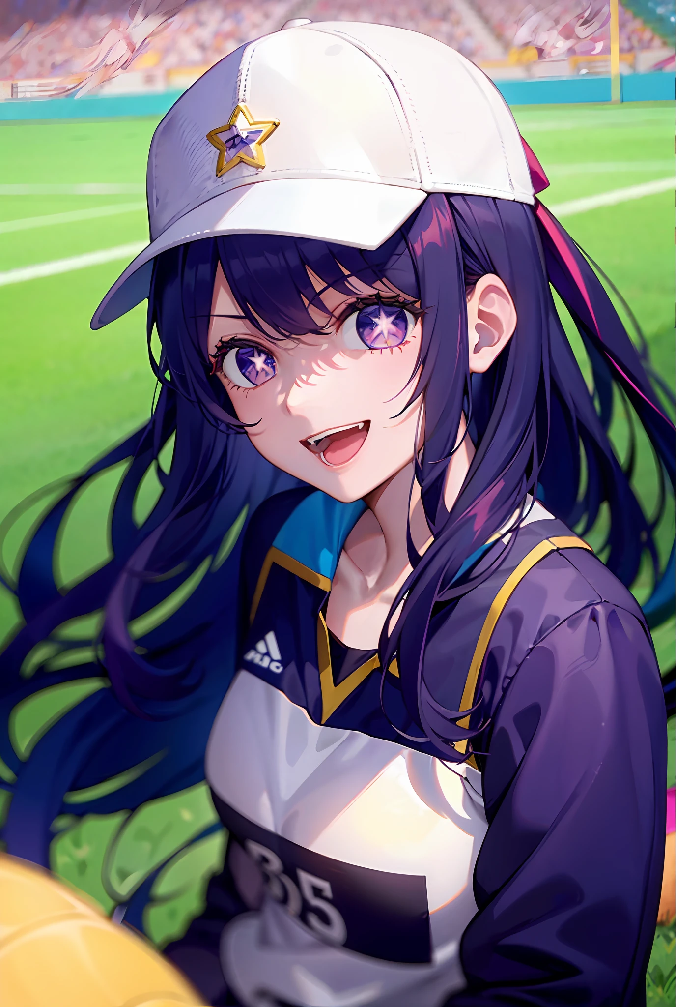 1girll,((There is a five-pointed star in the eye))Gorgeous Hair in Long Purple,play soccer,Football sportswear,sports cap,large lawn,Smile,Open mouth