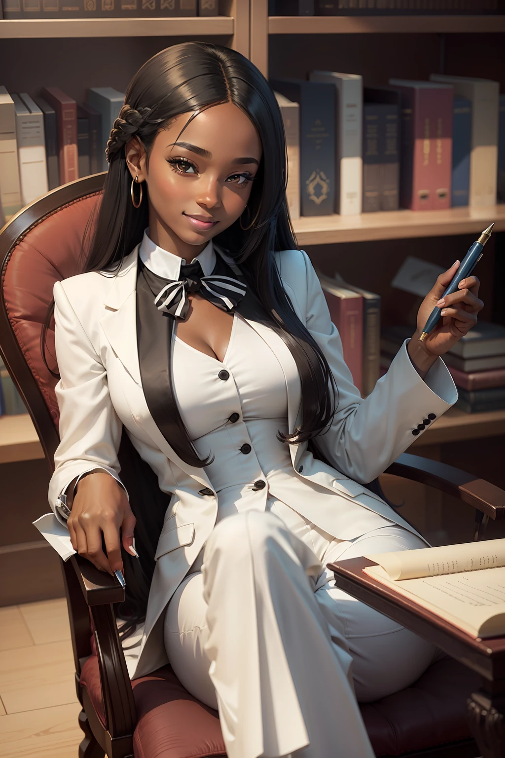 Make a philosopher in white formal clothes suit, Black woman with smile and long hair vectorized inside a library SITTING WRITING WITH PEN IN HAND