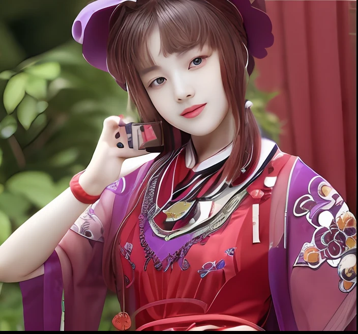 Woman in purple and red dress holding mobile phone,flower garden
