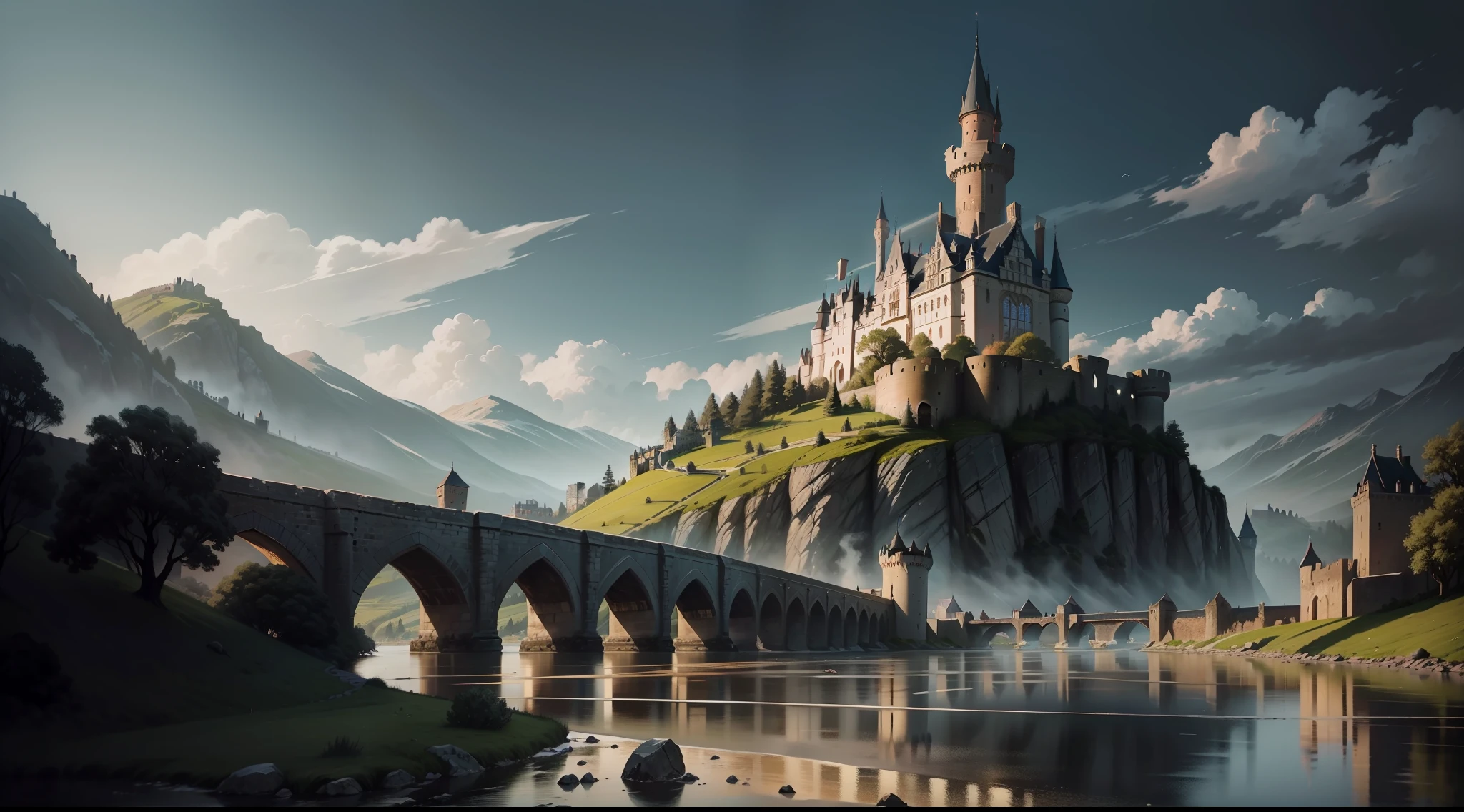 The painting depicts a medieval castle in Europe,The whole picture is dominated by black tones,It gives a mysterious and ancient atmosphere。The castle is located next to a wide river,There are several small boats slowly moving on the river,The inhabitants on the banks of the river are busy。At the center of the picture is an arched bridge,It connects the castle to the opposite bank。The castle is majestic and spectacular,Towering over the landscape,Black stone walls and minarets loom in the dim light。The castle is surrounded by a grassy meadow,In stark contrast to the dark architecture。The whole painting reveals the tranquility of the ancient castle and the vicissitudes of history。
