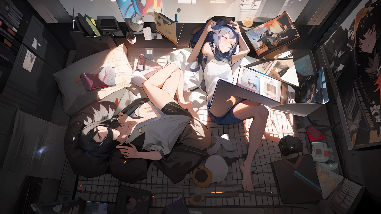 There were two people lying in bed,Have a laptop, Guviz-style artwork, style of anime4 K, Guweiz in Pixiv ArtStation, Guweiz on ArtStation Pixiv, Relaxing concept art, author:yanjun cheng, Anime style. 8K, Realistic anime 3 D style, girls resting, Cinematic. author:leng jun