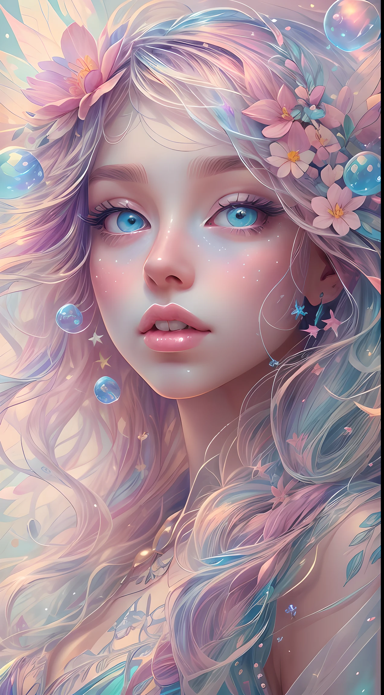 ((masterpiece)). This artwork is dreamy and ethereal, with soft pink watercolor hues. Generate a delicate fairy exploring a bubblegum world with a wide variety of pastel shades. Her sweet face is extremely detailed and realistic with elegant, and looks like ((Yael Shelvia)). Include mature features, and puffy, big lips and stunning, highly realistic eyes. Her eyes are important and should be realistic, highly detailed, and beautiful. In high definition and detail, include lots of details like stars, galaxies, colorful bubbles, colorful petals, and lots of energy and emotion! The stars and colorful bubblegum bubbles are important! Include fantasy details, enhanced details, iridescence, colorful glittering wind, and pollen. Pay special attention to her face and make sure it is beautifully and realistically detailed. The image should be dreamy and ethereal.8k, intricate, elegant, highly detailed, majestic, digital photography