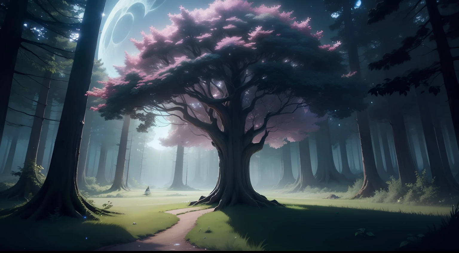 In the distance, a clearing can be seen, revealing a grand tree with silver leaves that emit an ethereal, radiant glow. This is the Moonlight Tree, the source of wisdom and magic in the forest.