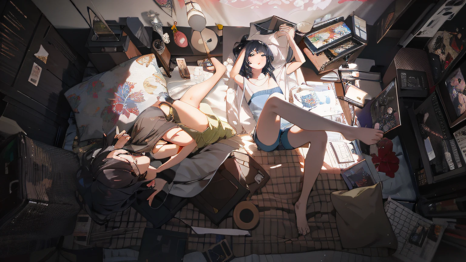 There were two people lying in bed,Have a laptop, Guviz-style artwork, style of anime4 K, Guweiz in Pixiv ArtStation, Guweiz on ArtStation Pixiv, Relaxing concept art, author:yanjun cheng, Anime style. 8K, Realistic anime 3 D style, girls resting, Cinematic. author:leng jun