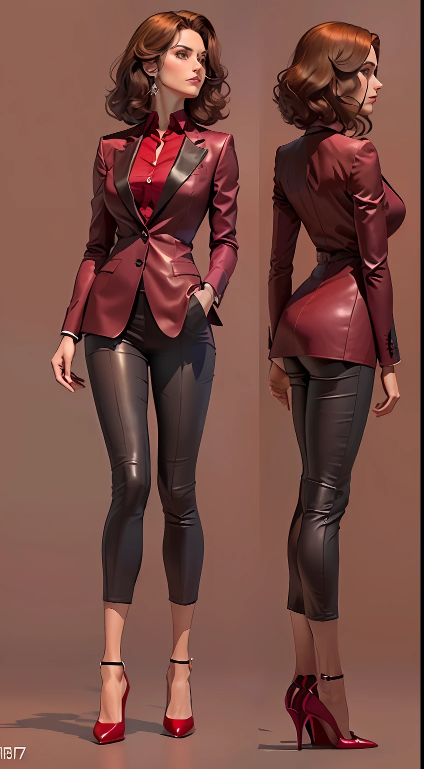 (Character: one Israeli woman, 30 years old, brunette, medium hair)
(Clothing: wine red lawyer clothes, high heels shoes)
(Pose: full body shot:1.7, dynamic pose, perfect proportions, detailed face)
(simple background)