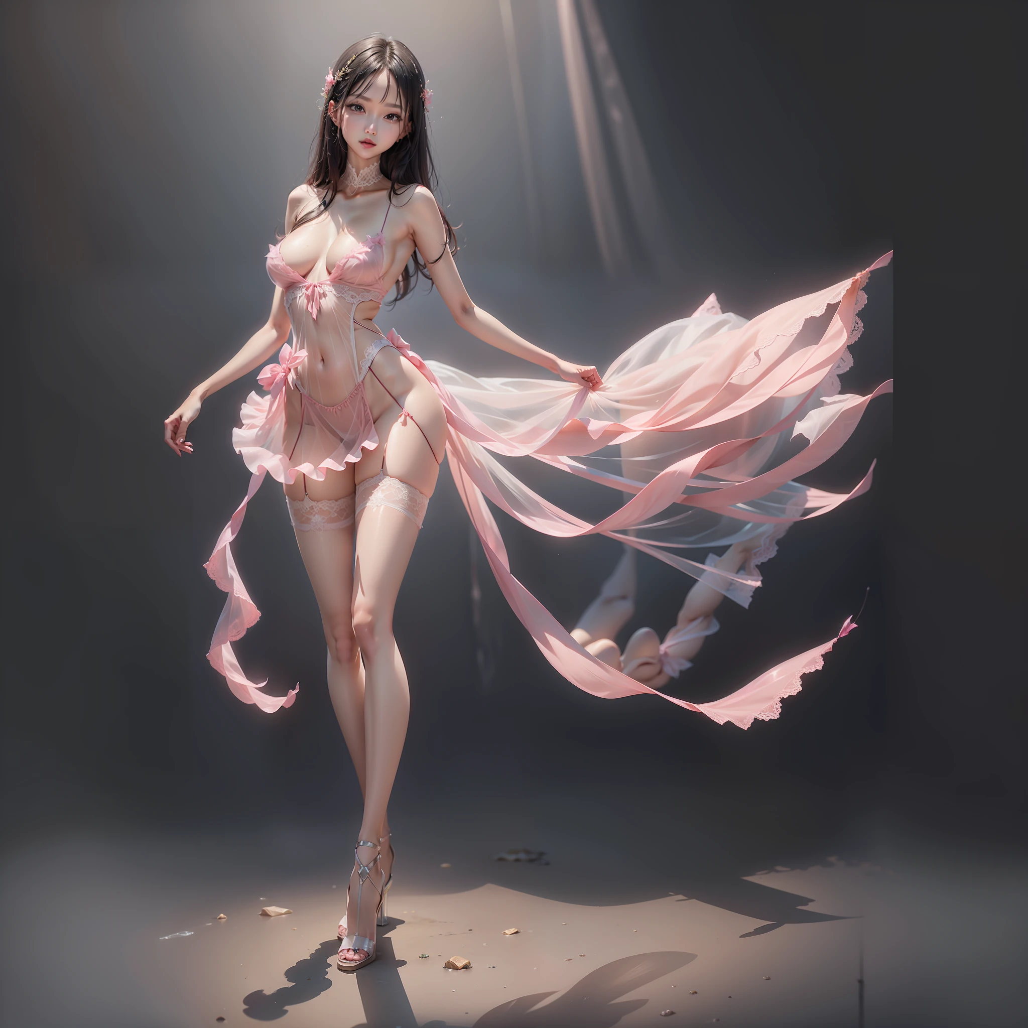 8k,Nude beauty,Long pink stockings,Very thin transparent lace skirt,The upper body is wrapped in transparent glue,Stand up,Full body photo,Long legs,