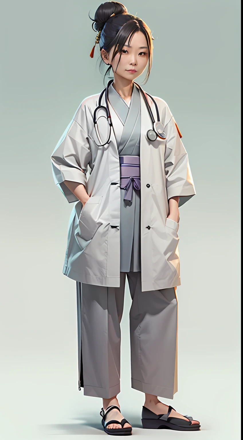 (Character: one chinese woman, 40 years old,, high bun in the hair,small smile)
(Clothing: medical coat, gray hakama, flat shoes)
(Pose: full body shot:1.7, dynamic pose, perfect proportions, detailed face)
(simple background)