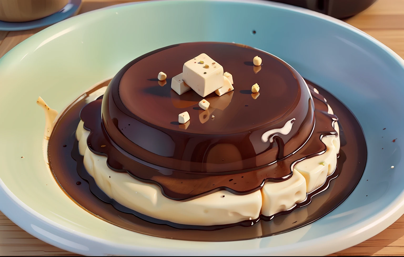 Young tofu (circle) + black sugar sauce sprinkled on a piece of young tofu with bubble (black)