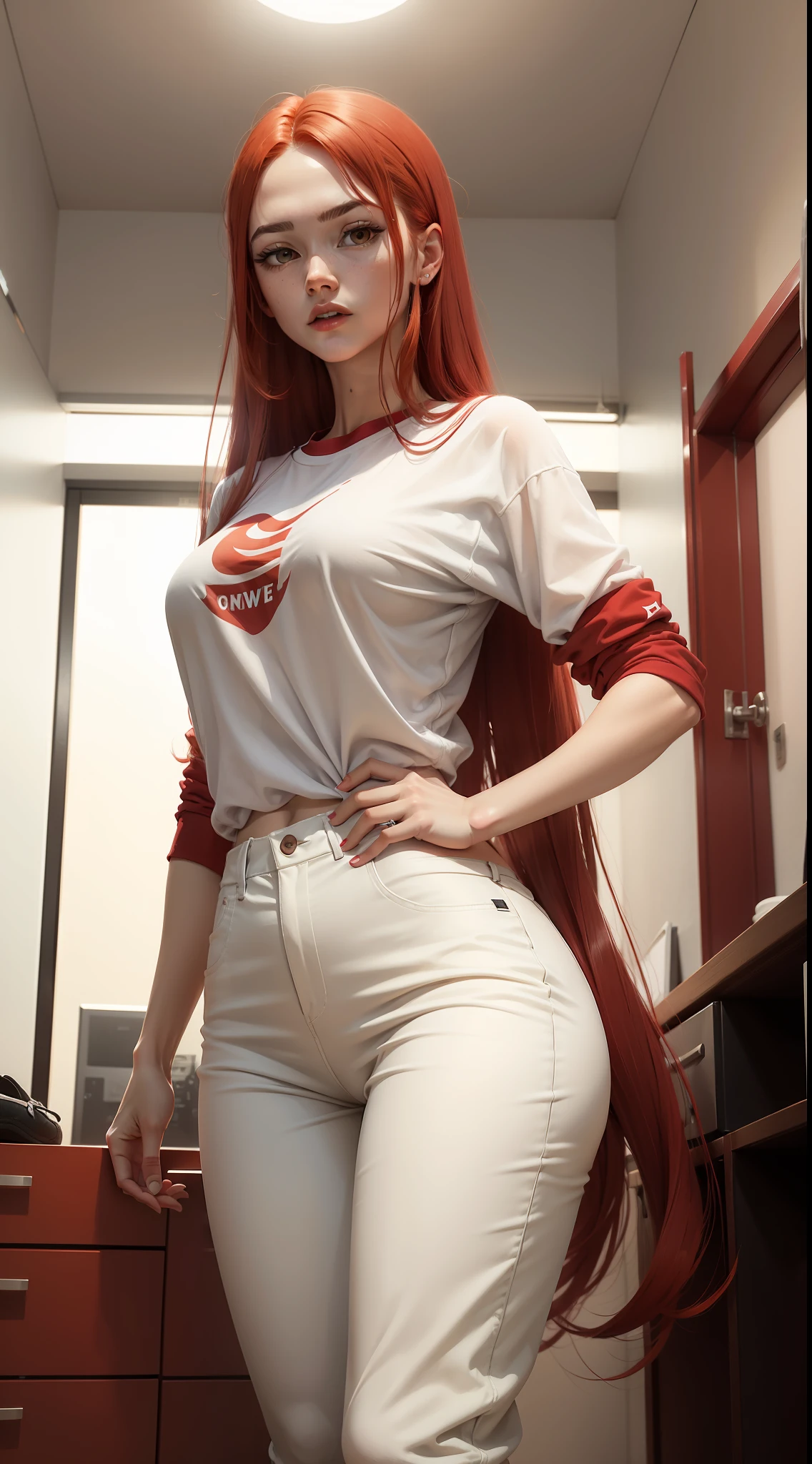 a woman in a white shirt and red pants is playing video game, simple style, wearing elegant casual clothes, muted red, simple clothes, milk and red style, casual clothing style, modern fashion outfit, wearing a fisher , casual modern clothing, inspo, red clothes, red pants, neutral tones, rred and white color scheme, casual business outfit, scary face, nike shoes, 22 years old, adult face, long hair, ((red hair))
