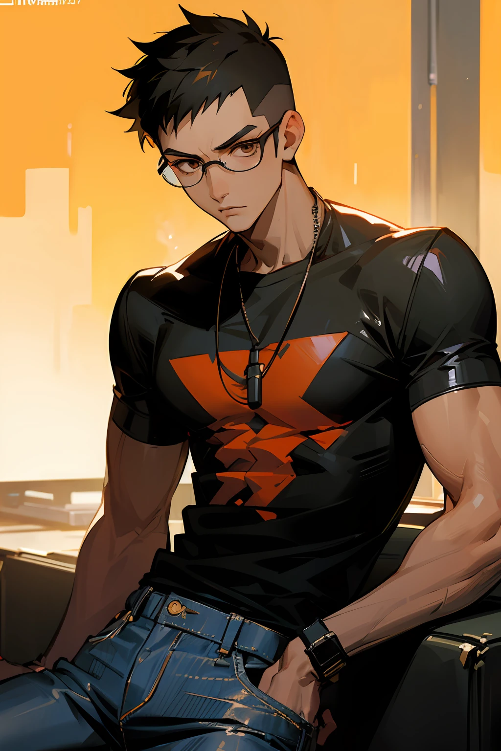 (masterpiece), best quality, expressive eyes, perfect face, young adult male, glasses, tanned skin, Asian, brown eyes, spikey fade haircut, cyberpunk jacket, black t-shirt, jeans trousers