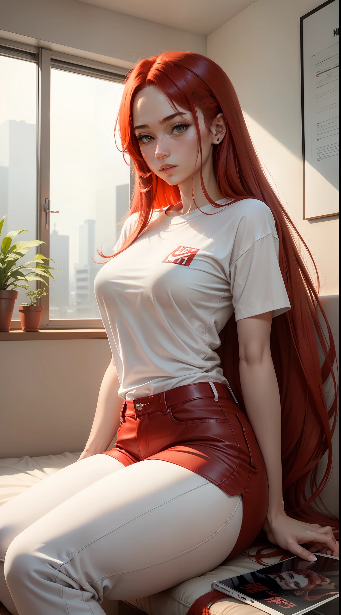 a woman in a white shirt and red pants is playing video game, simple style, wearing elegant casual clothes, muted red, simple clothes, milk and red style, casual clothing style, modern fashion outfit, wearing a fisher , casual modern clothing, inspo, red clothes, red pants, neutral tones, rred and white color scheme, casual business outfit, scary face, nike shoes, 22 years old, adult face, long hair, ((red hair))