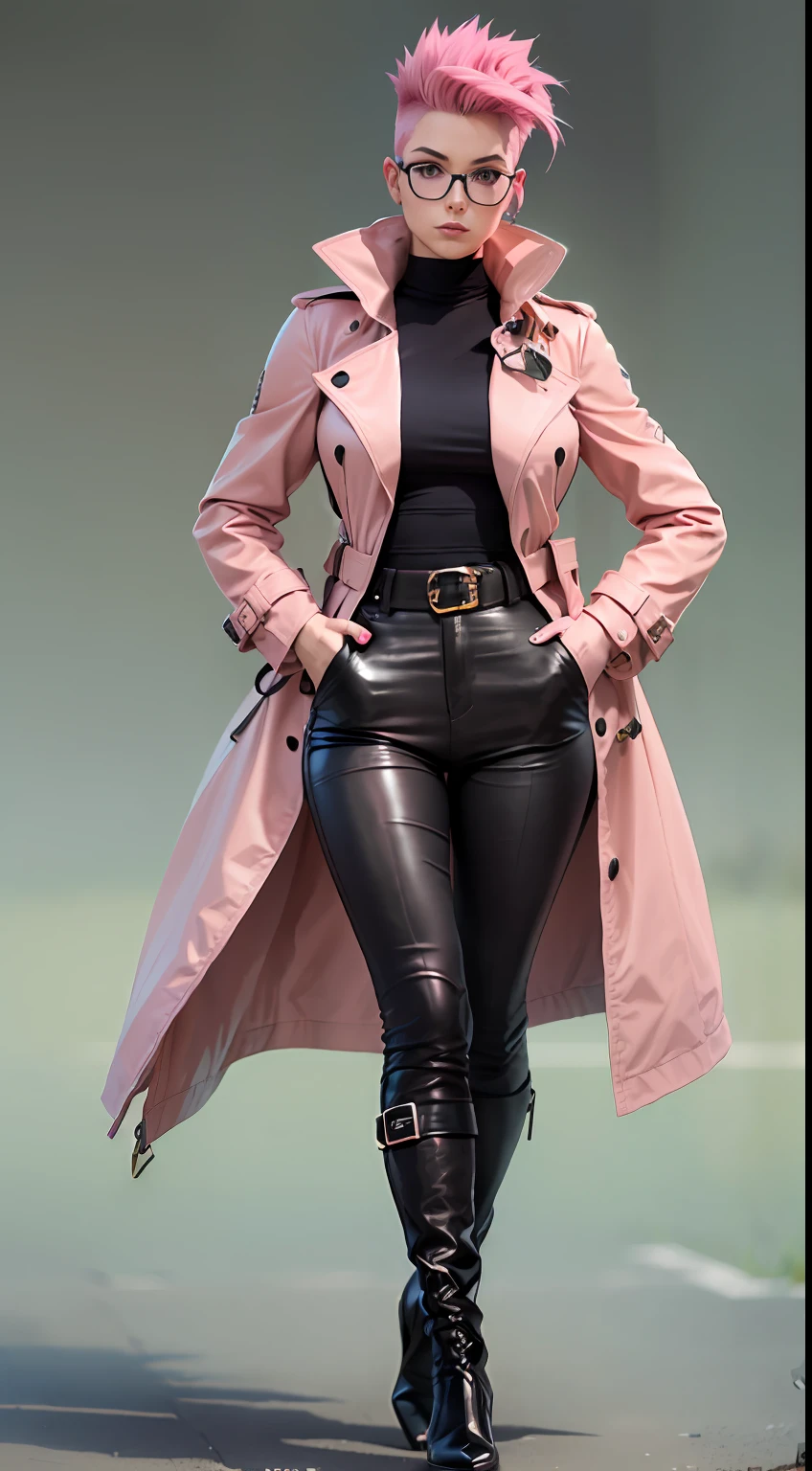 (Character: one french woman, pink shaved sides haircut )
(Clothing: pink trench coat, black shirt,, leather pants, boots glasses)
(Pose: full body shot:1.7, dynamic pose, perfect proportions, detailed face)
(simple background)